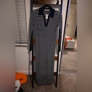 LOFT Navy and White Striped Long Sleeve Dress